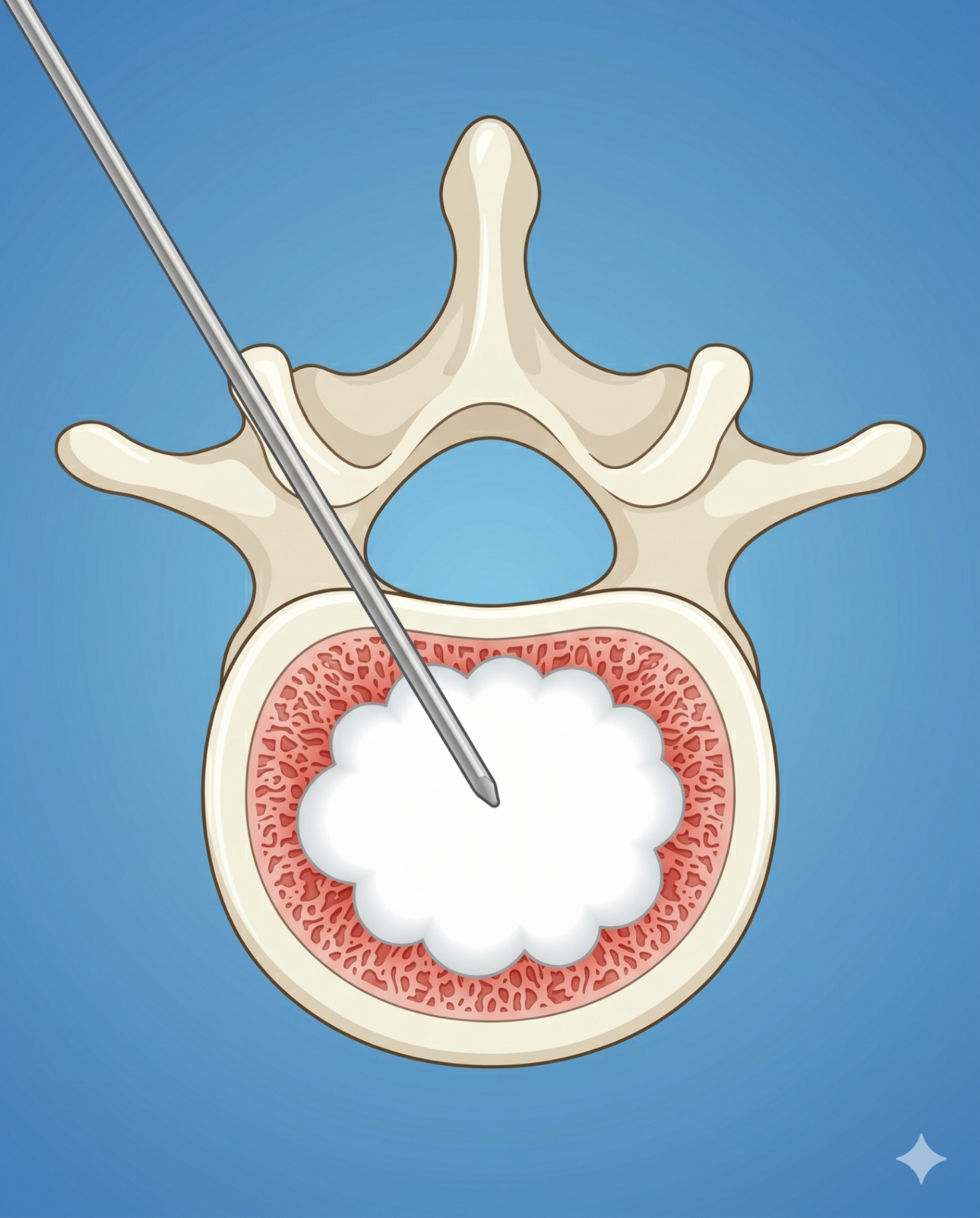 Vista axial da vertebroplastia com agulha e cimento ósseo